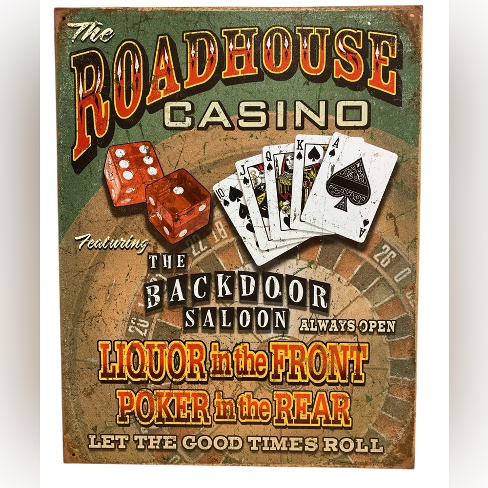 Roadhouse Casino Backdoor Saloon Tin Sign Liquor Front Door Poker Wall Decor
